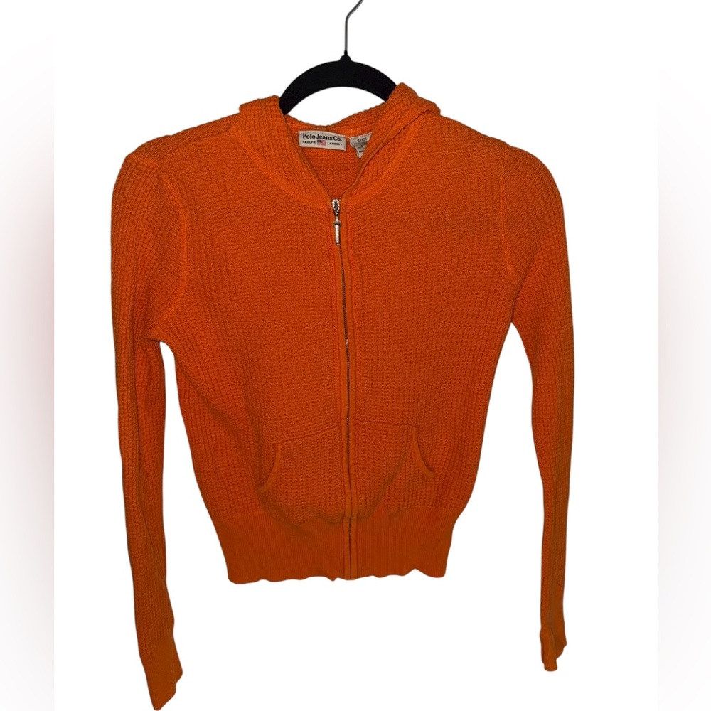 Y2K Ralph Lauren Polo Jeans Company Orange Ribbed Zip-Up Hooded Sweater SMALL